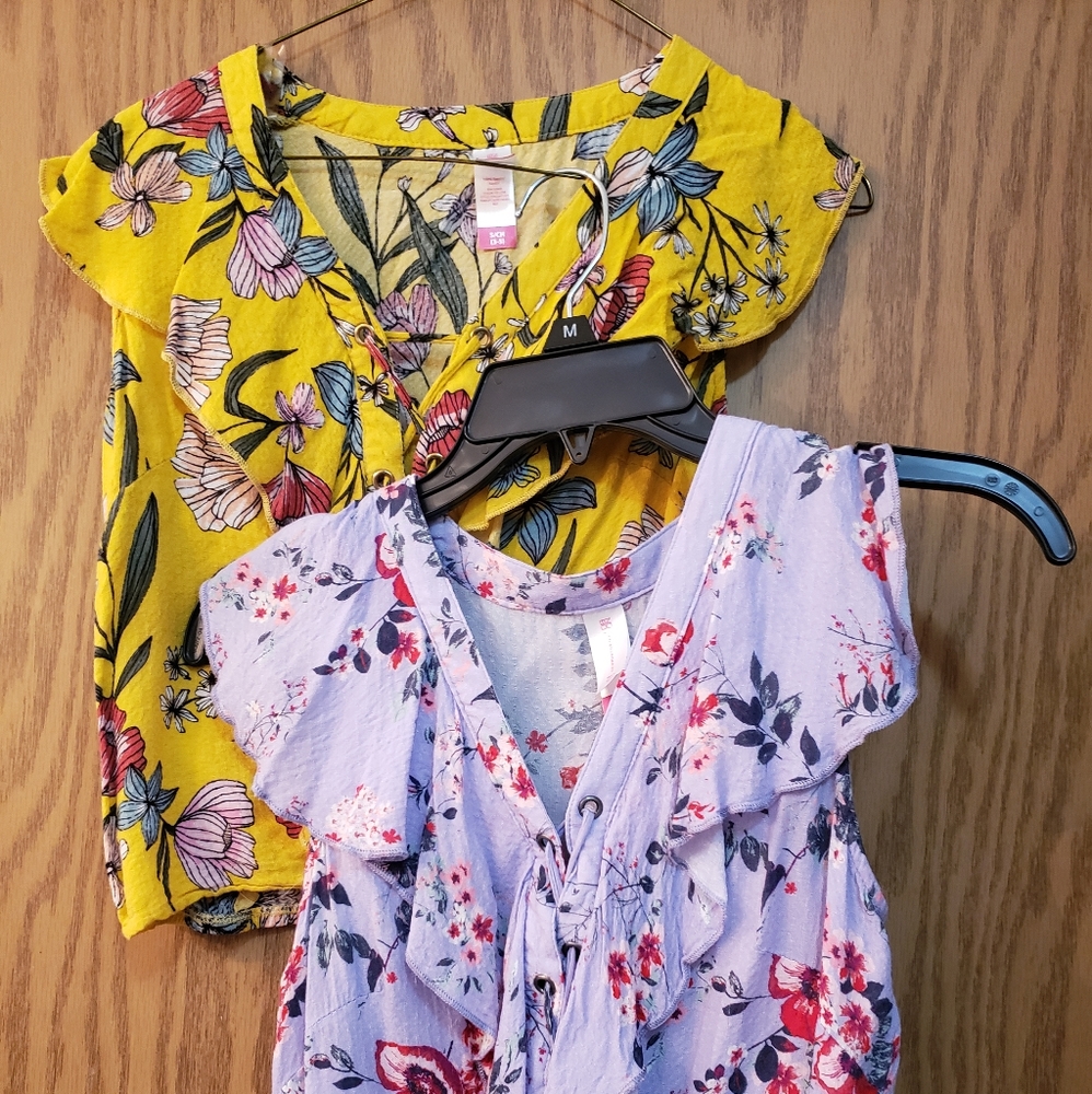 2 beautiful, ruffle, short sleeve blouses with faux lace up detail. New